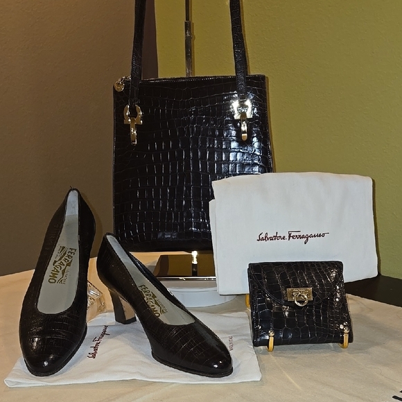 Salvatore Ferragamo Handbags - Salvatore Ferragamo Brown Croc-Embossed Leather Bag, Wallet & Heels